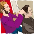 the hairdresser cuts the hair of client